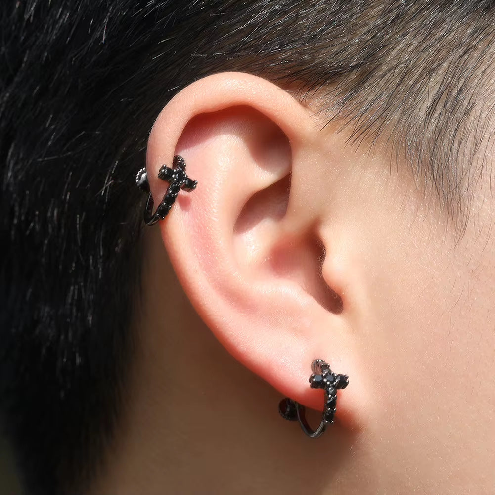 Men's Hoop Earrings Classic Hip Hop Style with 5A Zircon Trendy Clip-On Cross Spiral Buckle Black Personality Ear Jewelry