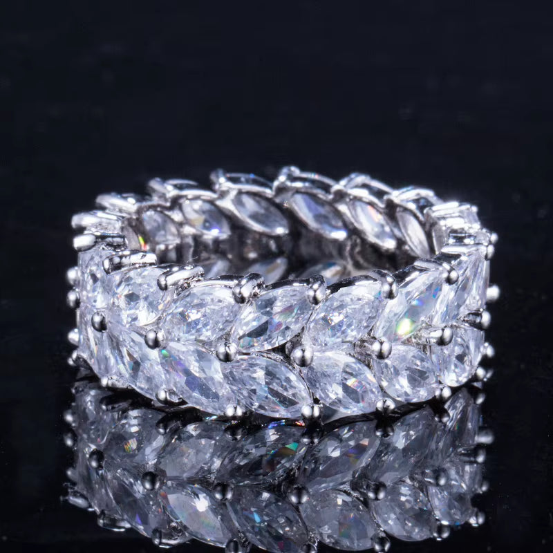 Zirconia Stone Pave Olive Leaf Big Engagement Wedding Rhodium Plated CZ Finger Rings Jewelry for Women