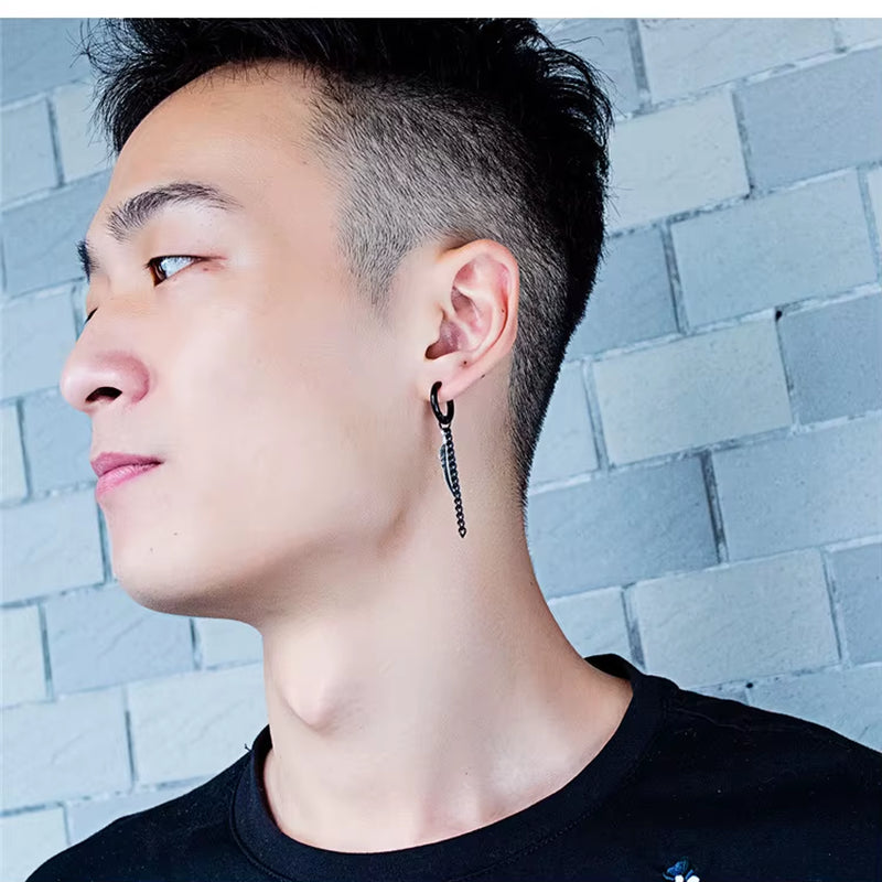 Dainty Earrings Stainless Steel Feather and Chain Charm Earring for Men and Boys