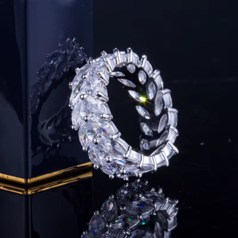 Zirconia Stone Pave Olive Leaf Big Engagement Wedding Rhodium Plated CZ Finger Rings Jewelry for Women
