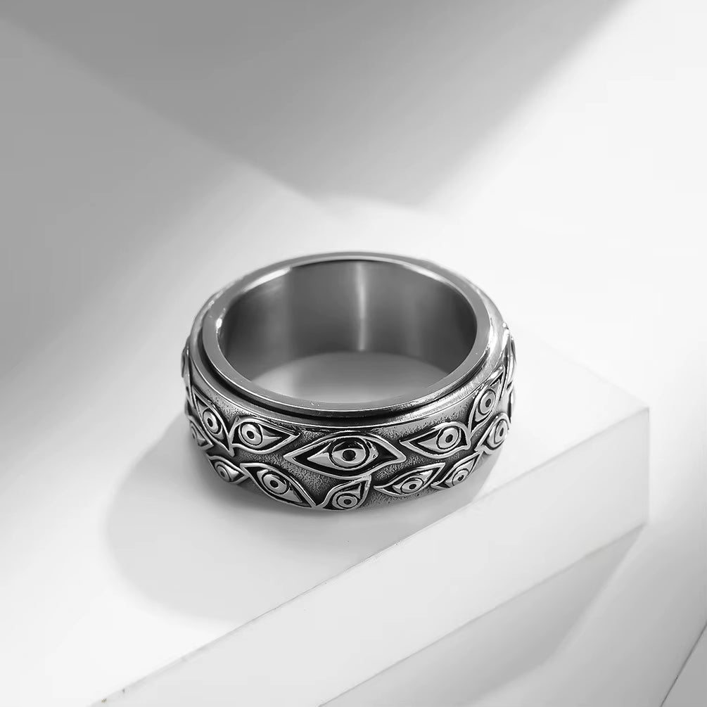 Vintage the Carved Eye of God Mens Stress Ring for Rotating Anxiety Stainless Steel Fidget Spinner Rings Anillos De Ansiedad