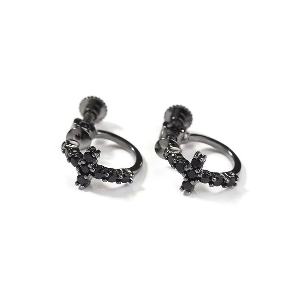 Men's Hoop Earrings Classic Hip Hop Style with 5A Zircon Trendy Clip-On Cross Spiral Buckle Black Personality Ear Jewelry