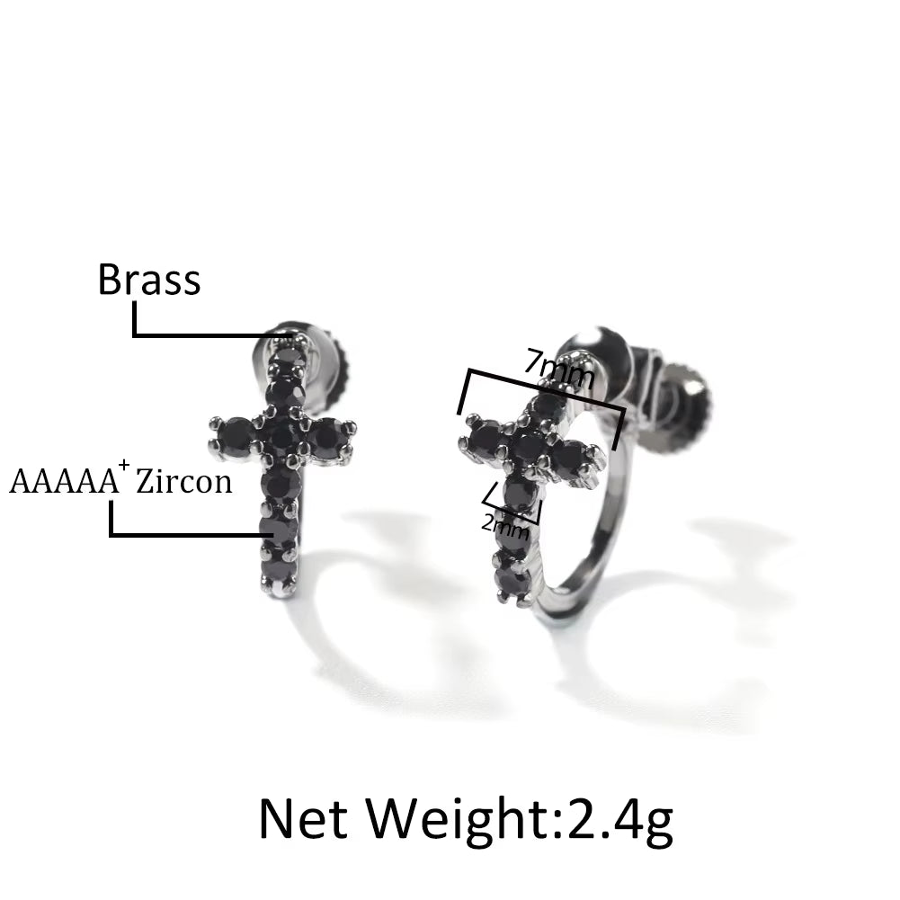 Men's Hoop Earrings Classic Hip Hop Style with 5A Zircon Trendy Clip-On Cross Spiral Buckle Black Personality Ear Jewelry
