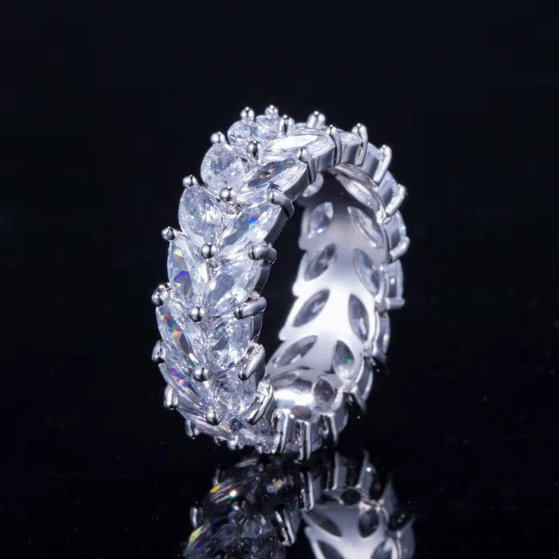 Zirconia Stone Pave Olive Leaf Big Engagement Wedding Rhodium Plated CZ Finger Rings Jewelry for Women