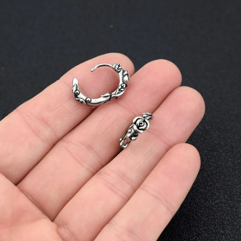 Retro Rose Titanium Steel Punk Earrings Hip Hop Trend Couple Fashion Dark Wind Style for Men and Women