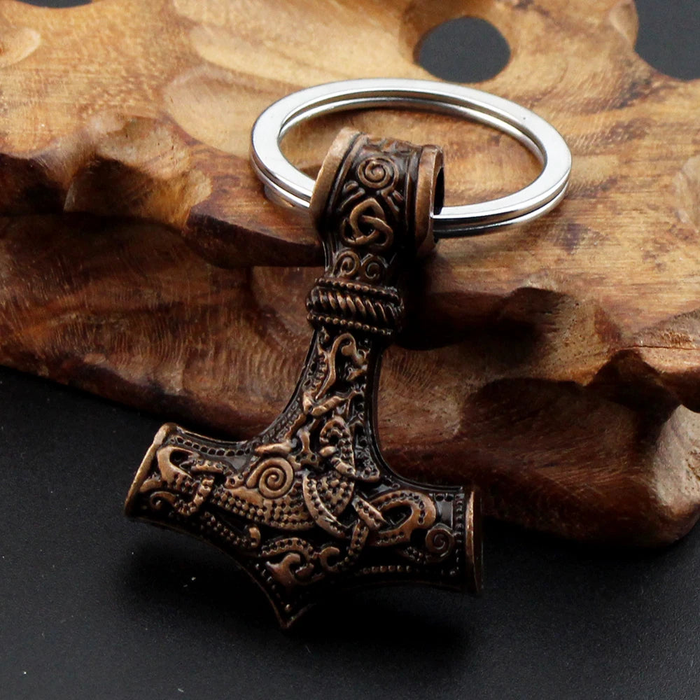 Scandinavian Keychains Charm Hammer Mjolnir Viking Amulet Metal Norse Jewelry with Offset Printing for Key Holder