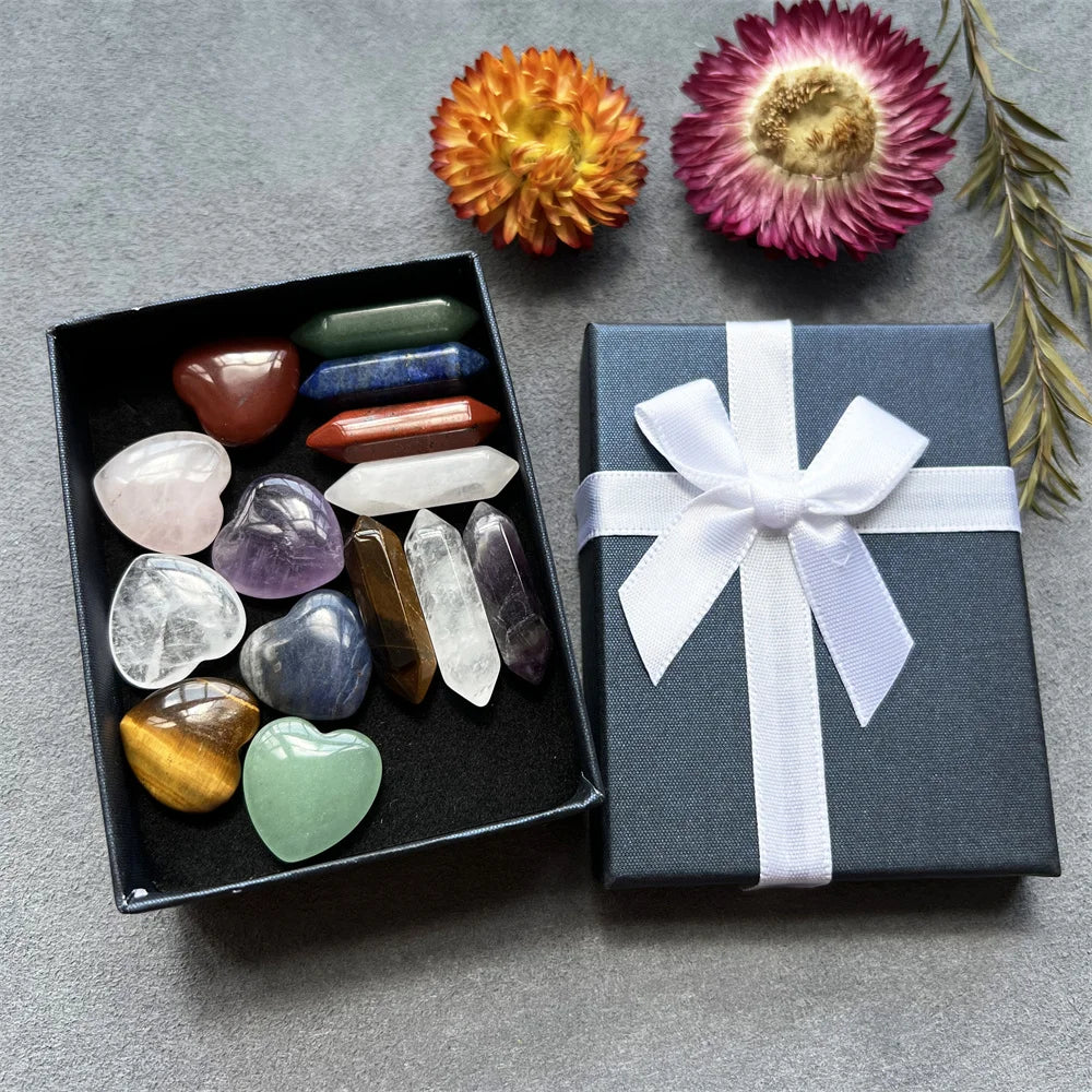 Nordic Hand polished  Spiritual Meditation Crystal Heart Healing Point Stone Set