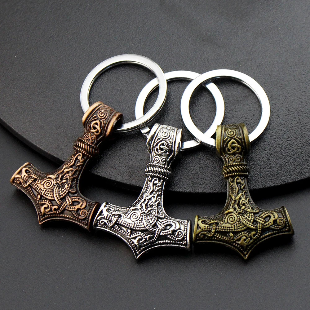 Scandinavian Keychains Charm Hammer Mjolnir Viking Amulet Metal Norse Jewelry with Offset Printing for Key Holder
