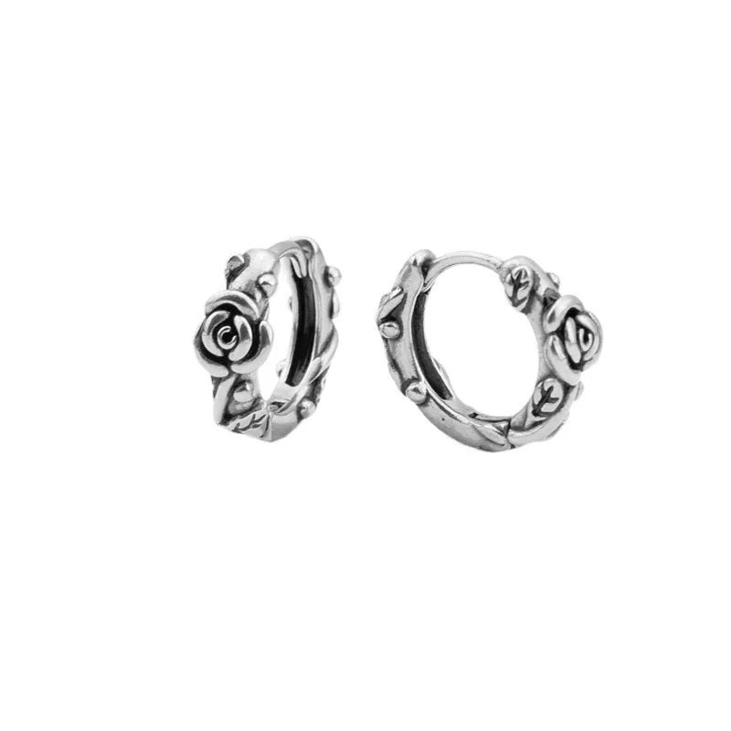 Retro Rose Titanium Steel Punk Earrings Hip Hop Trend Couple Fashion Dark Wind Style for Men and Women