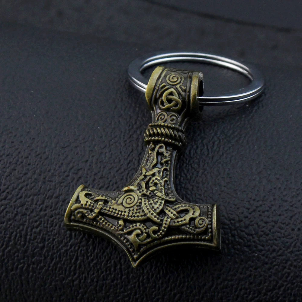 Scandinavian Keychains Charm Hammer Mjolnir Viking Amulet Metal Norse Jewelry with Offset Printing for Key Holder