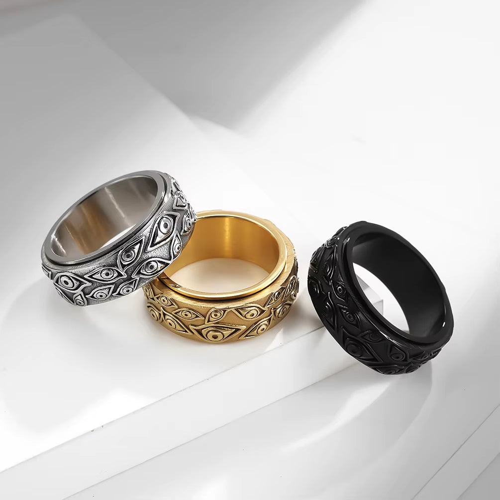 Vintage the Carved Eye of God Mens Stress Ring for Rotating Anxiety Stainless Steel Fidget Spinner Rings Anillos De Ansiedad