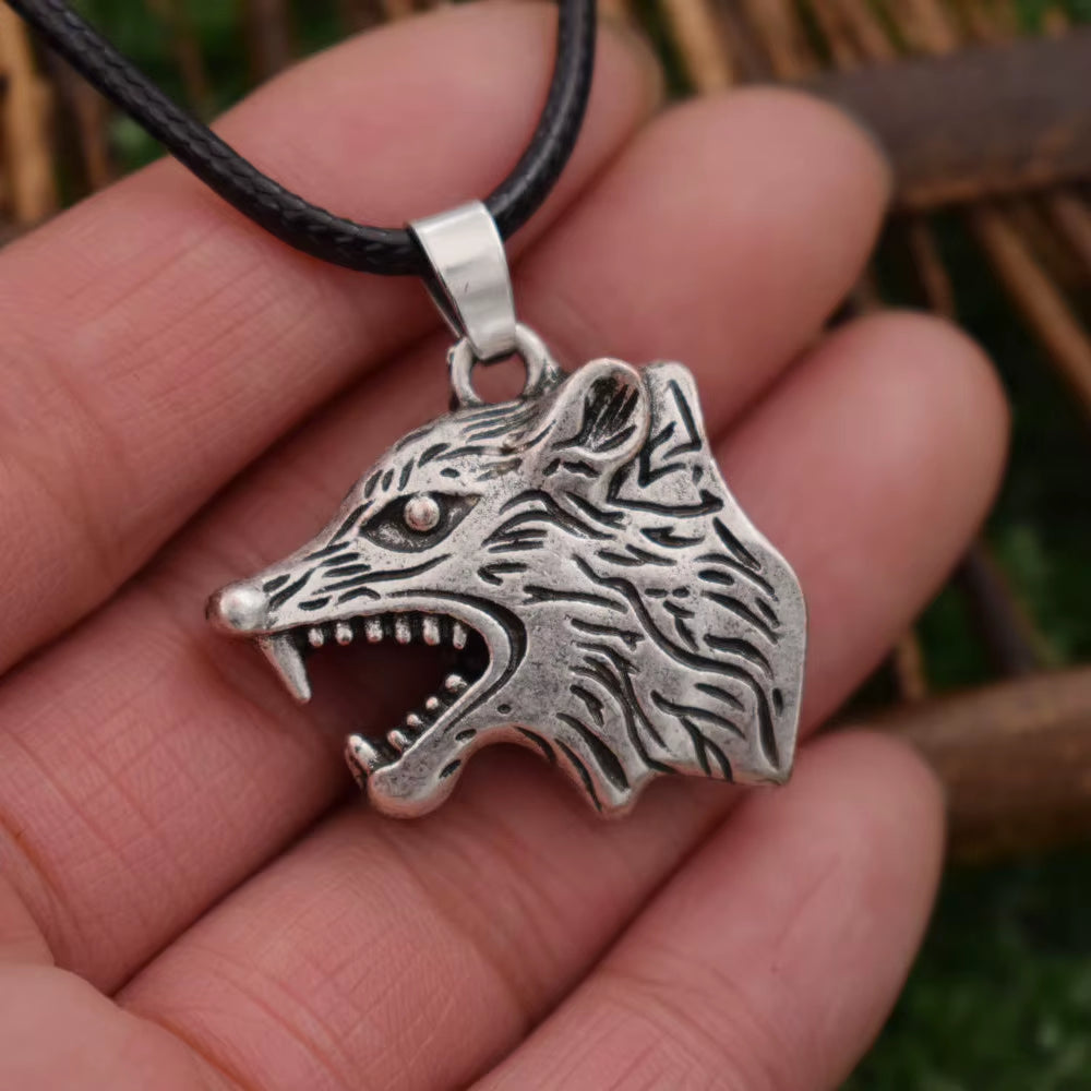 Vintage Norse Vikings Wolf Pendant Necklace Women's Punk Lucky Charm Animal Jewelry Rope Chain Zinc Alloy