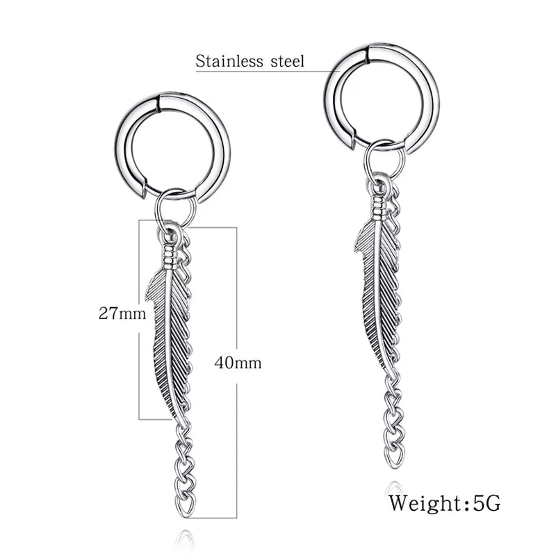 Dainty Earrings Stainless Steel Feather and Chain Charm Earring for Men and Boys