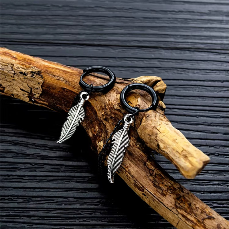 Dainty Earrings Stainless Steel Feather and Chain Charm Earring for Men and Boys