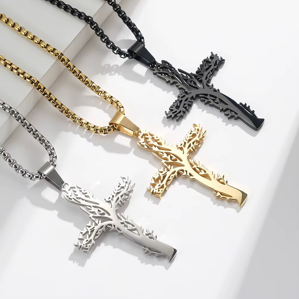 Nordic Forged Tree of Life Cross Pendant Handmade Necklace