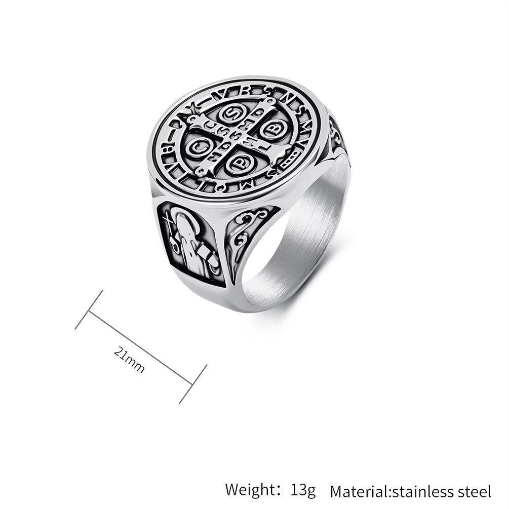 Saint Benedict Exorcism Amulet Men Rings Stainless Steel Women Jewelry Punk Rock Cool Stuff Fashion Accessories Gift