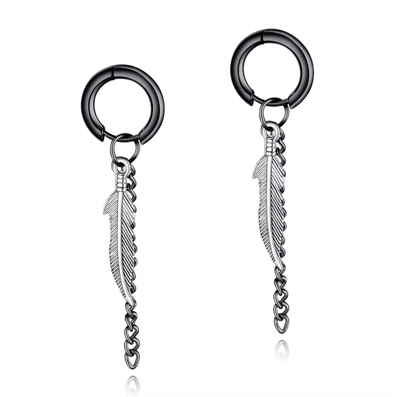 Dainty Earrings Stainless Steel Feather and Chain Charm Earring for Men and Boys