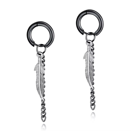 Dainty Earrings Stainless Steel Feather and Chain Charm Earring for Men and Boys